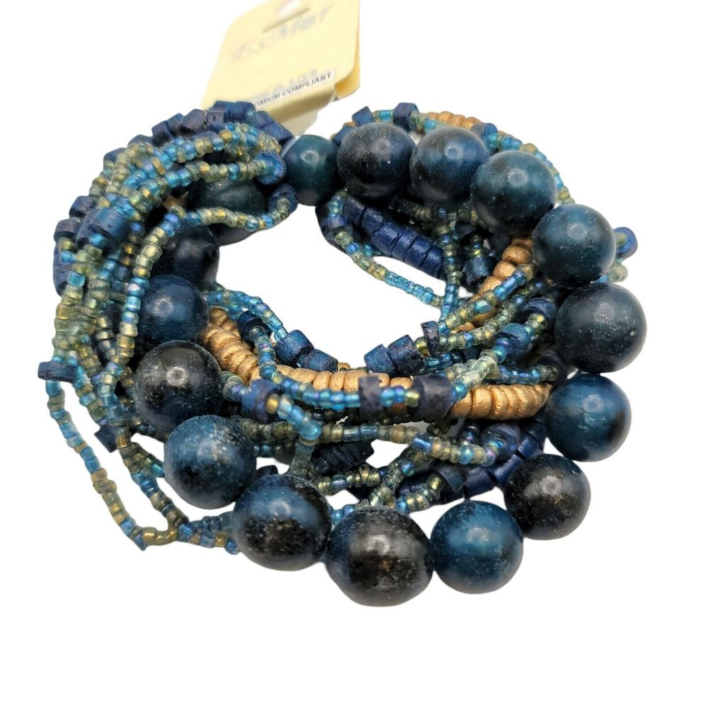 Esmor Aqua Blue & Gold Bead Peacock Multi Strand Stretch Bracelet NWT Boho